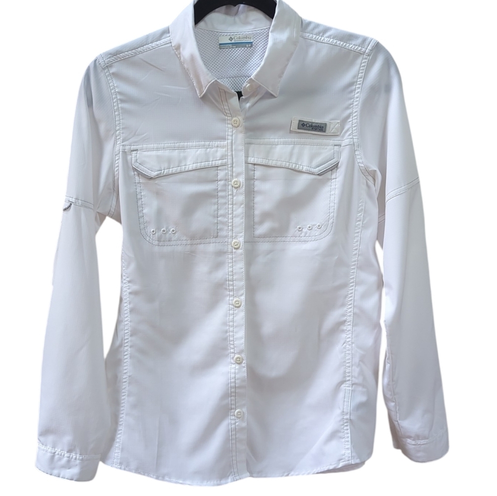 Columbia PFG, Lo Drag, White Long Sleeve Shirt. Small